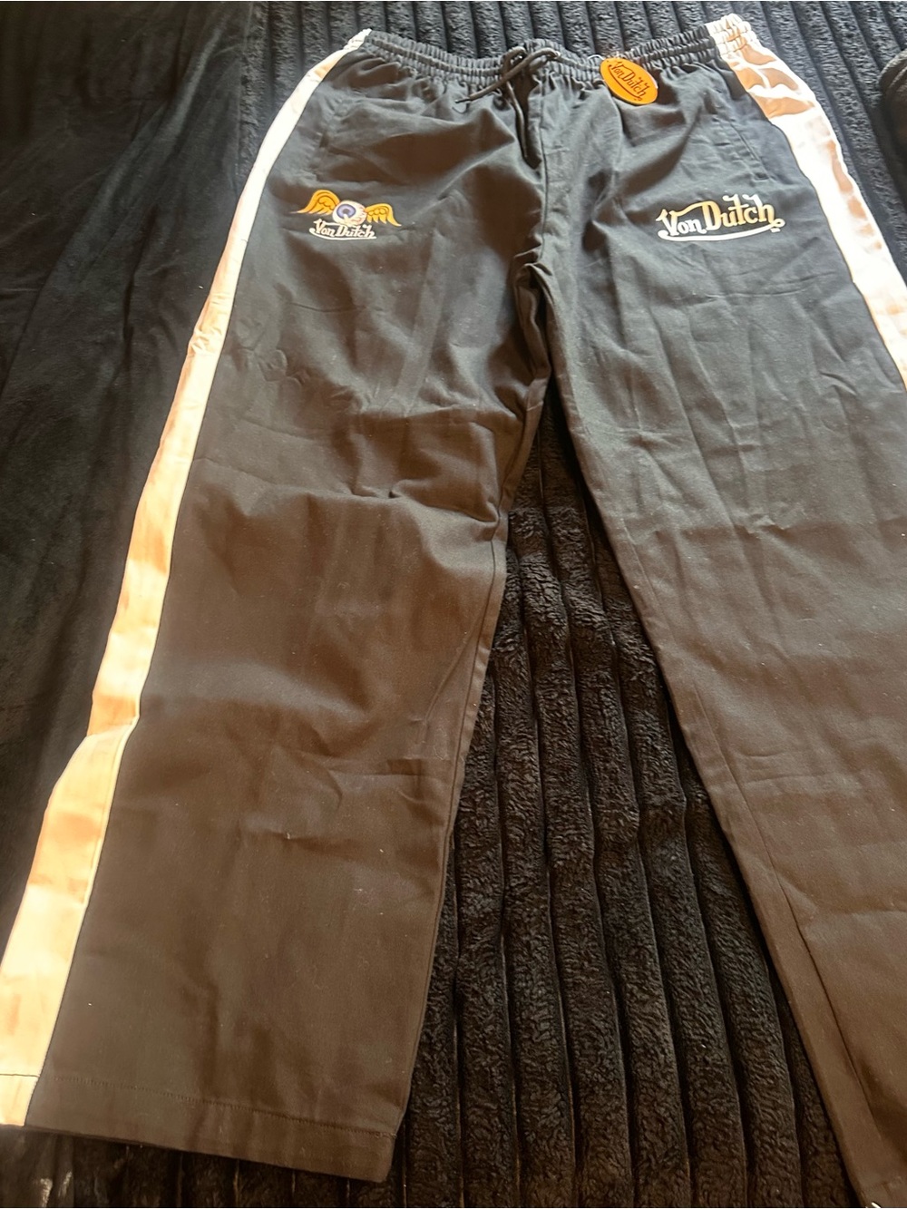Von Dutch Black Pants with White Side Stripes and Logo